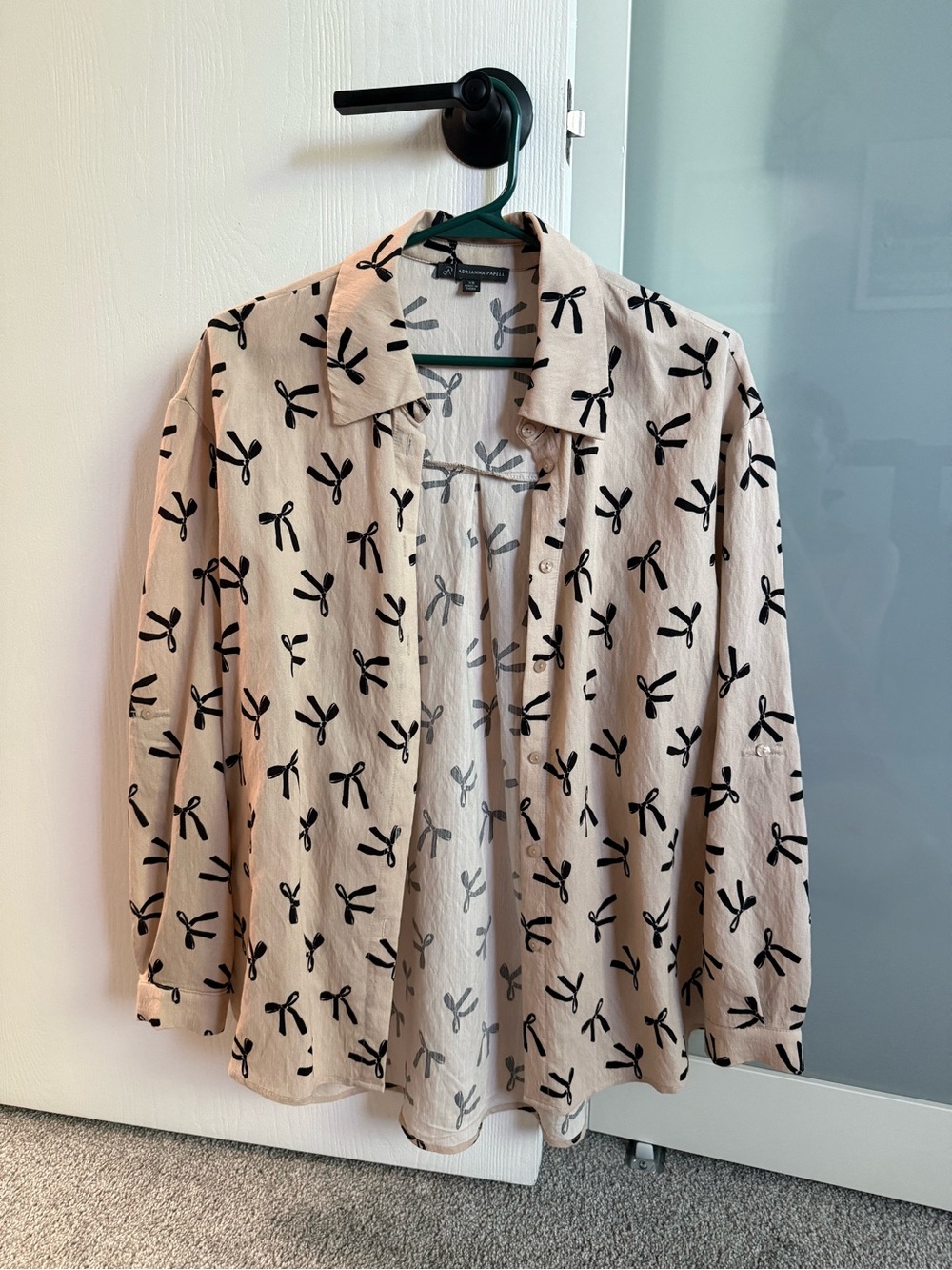 Adrianna Papell Beige Blouse with Black Bow Print